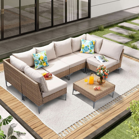 Seven Piece Wicker Patio Furniture Set with Cushions ShipItFurniture