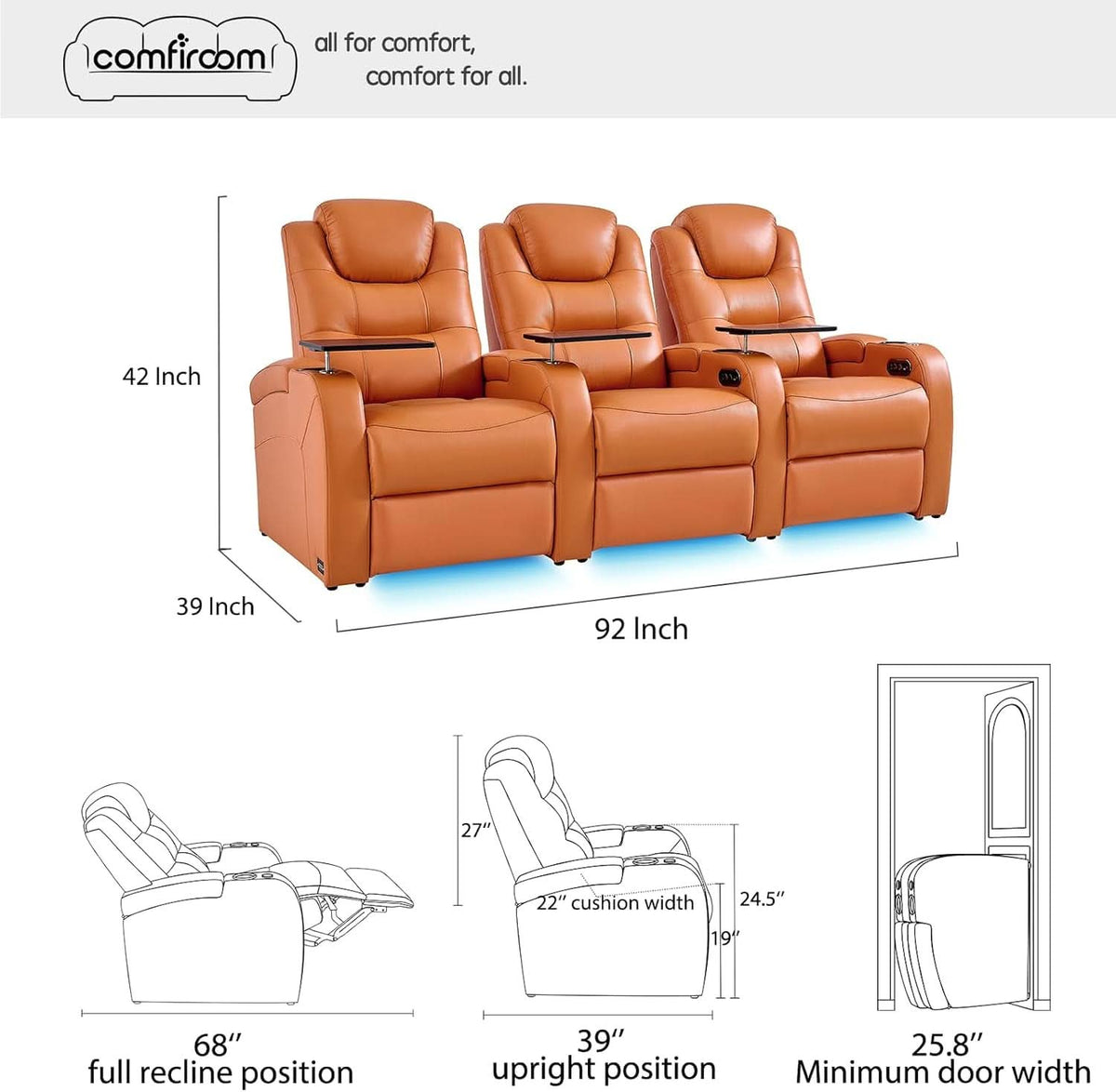 Orange Top Grain Leather Home Theater Seating Row Of Three USB Charger ShipItFurniture