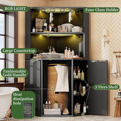 71-Inch L-Shaped Bar Cabinet Fridge Space Freestanding-4