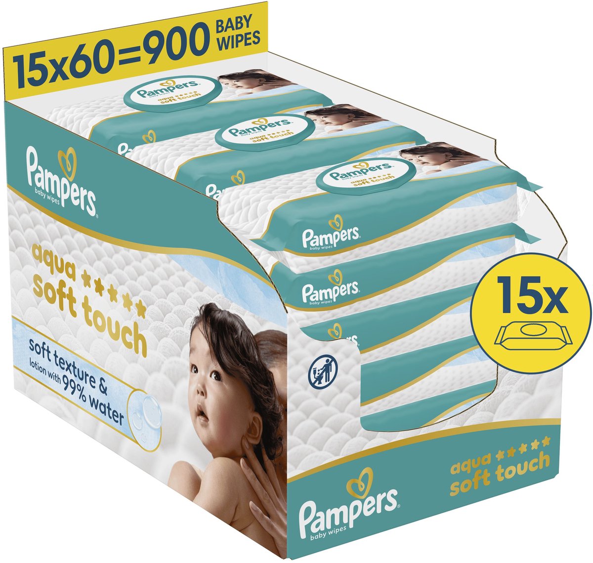 Pampers aqua soft touch baby wipes, 15 packs of 60 wipes = 900 wipes Pampers