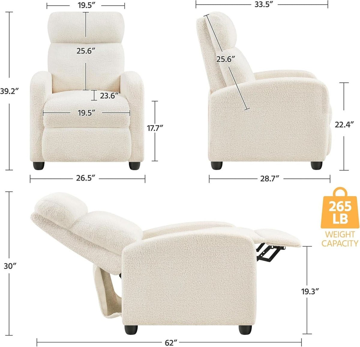 Ivory Fabric Recliner Chair With Adjustable Recline-2