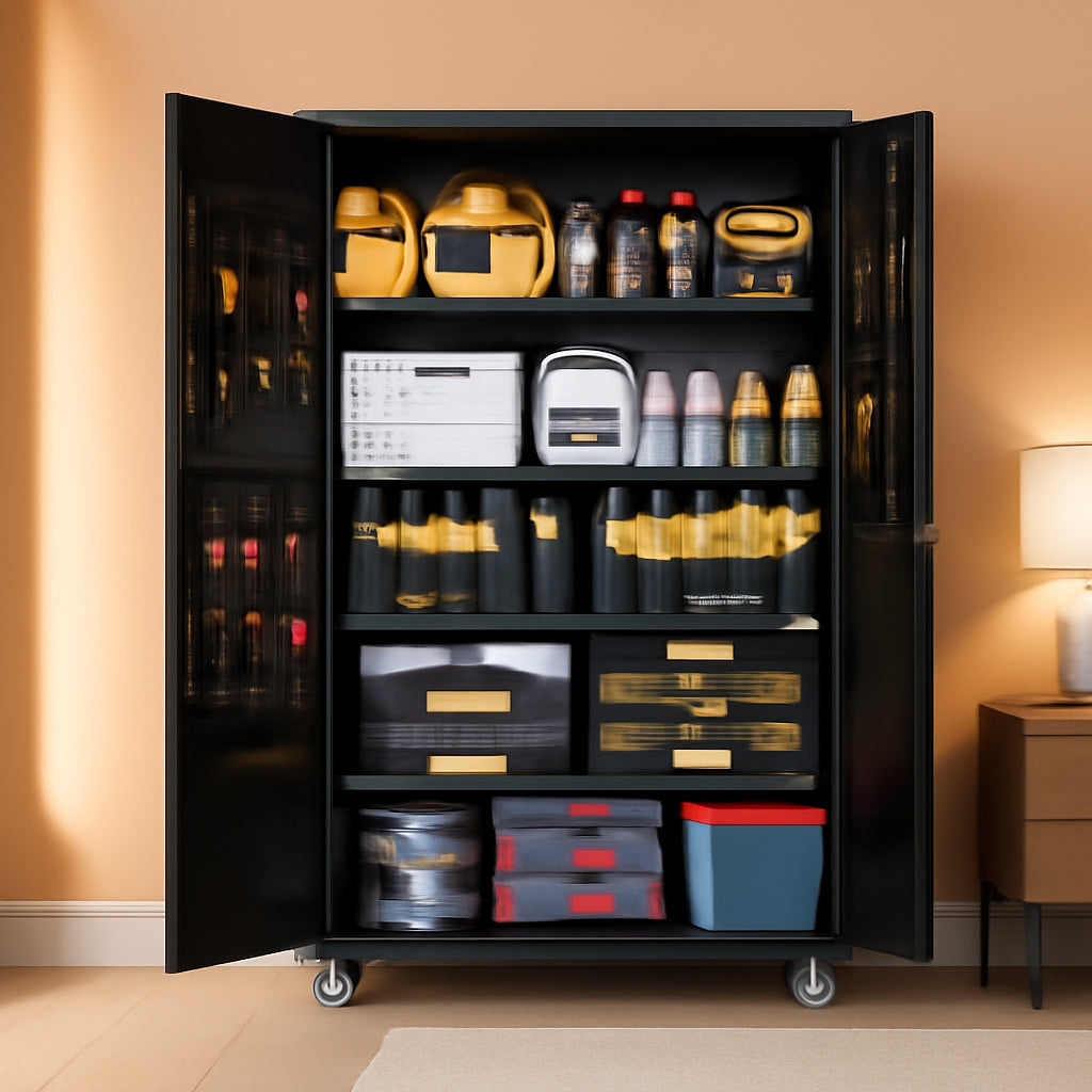 Black Metal Garage Storage Cabinet Pegboard Lockable-0