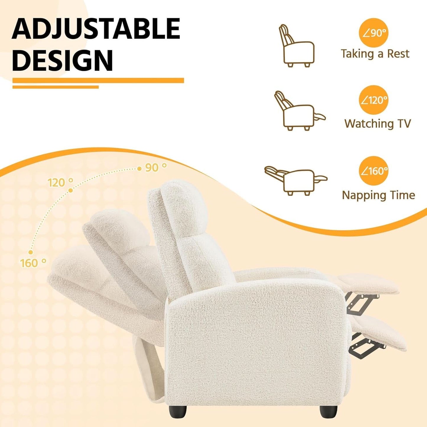 Ivory Fabric Recliner Chair With Adjustable Recline-3