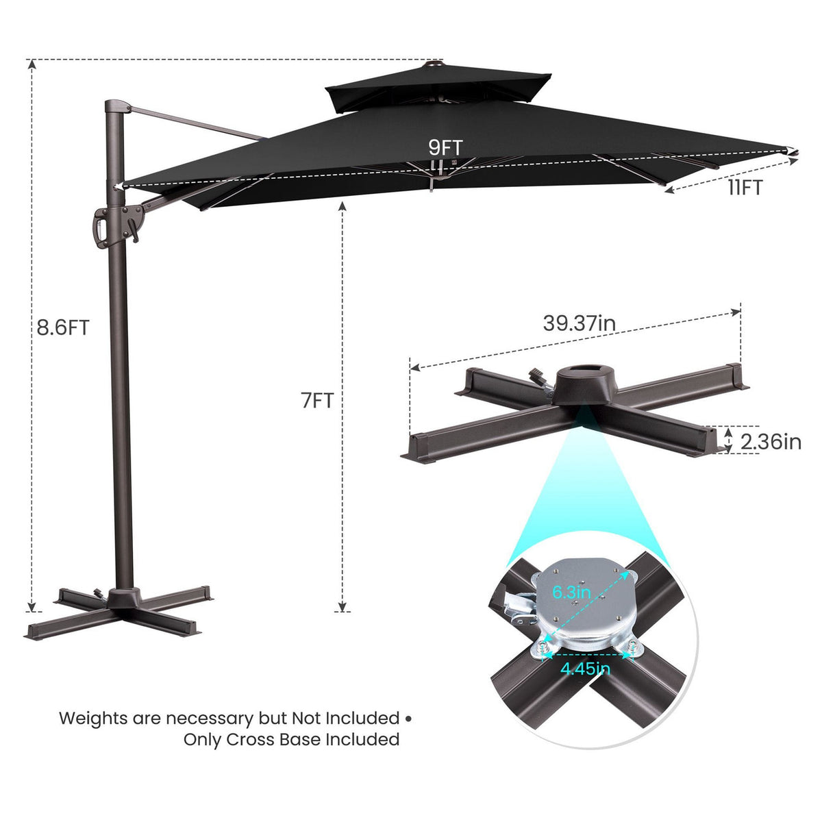 11' Black Polyester Round Tilt Cantilever Patio Umbrella With Stand Rosenthal Community Care Services