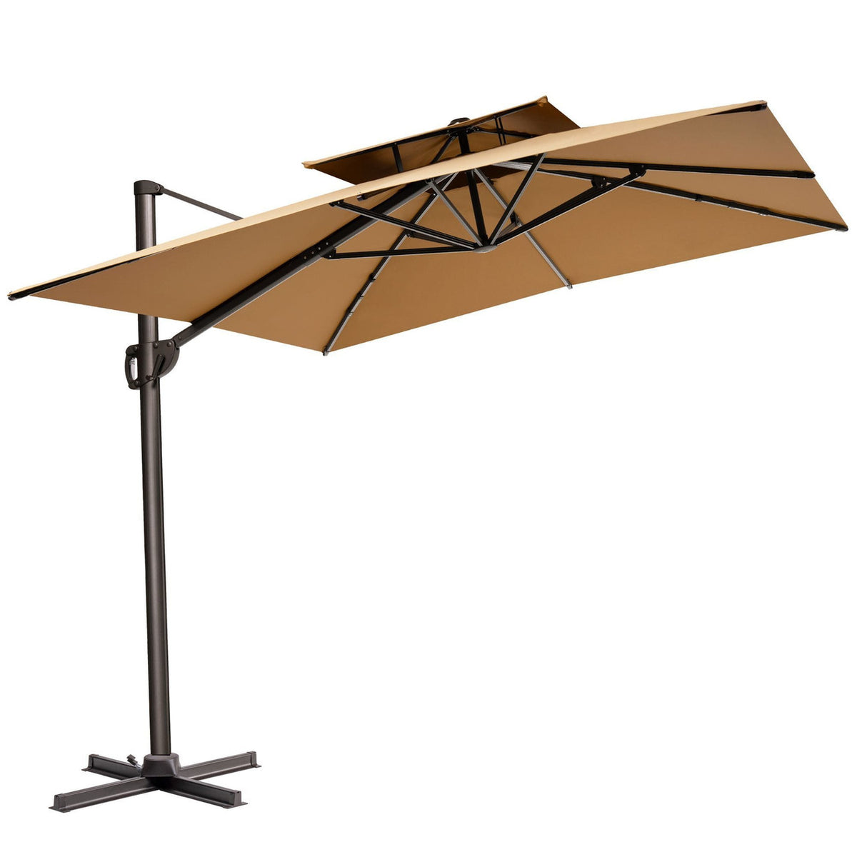 11' Tan Polyester Round Tilt Cantilever Patio Umbrella With Stand-0