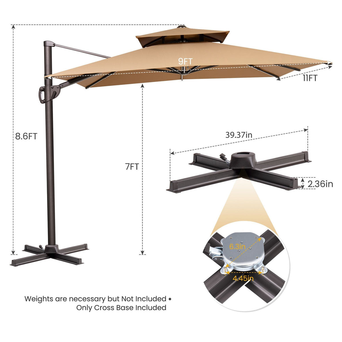 11' Tan Polyester Round Tilt Cantilever Patio Umbrella With Stand-2