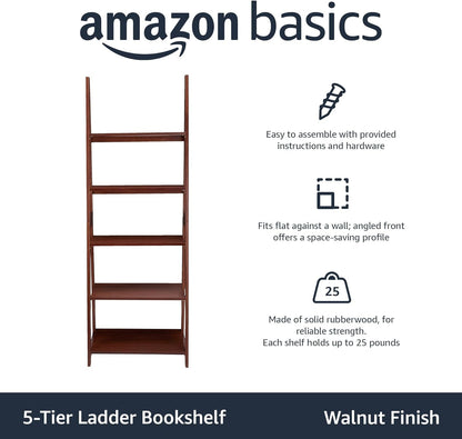 Walnut 5 Tier Ladder Bookshelf Rubberwood Durability-3