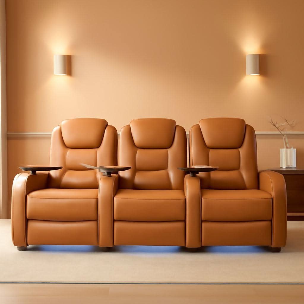 Orange Top Grain Leather Home Theater Seating Row Of Three USB Charger ShipItFurniture