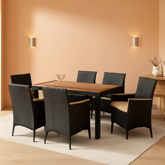 7 Piece Patio Dining Set Acacia Wood Table Black Rattan ShipItFurniture