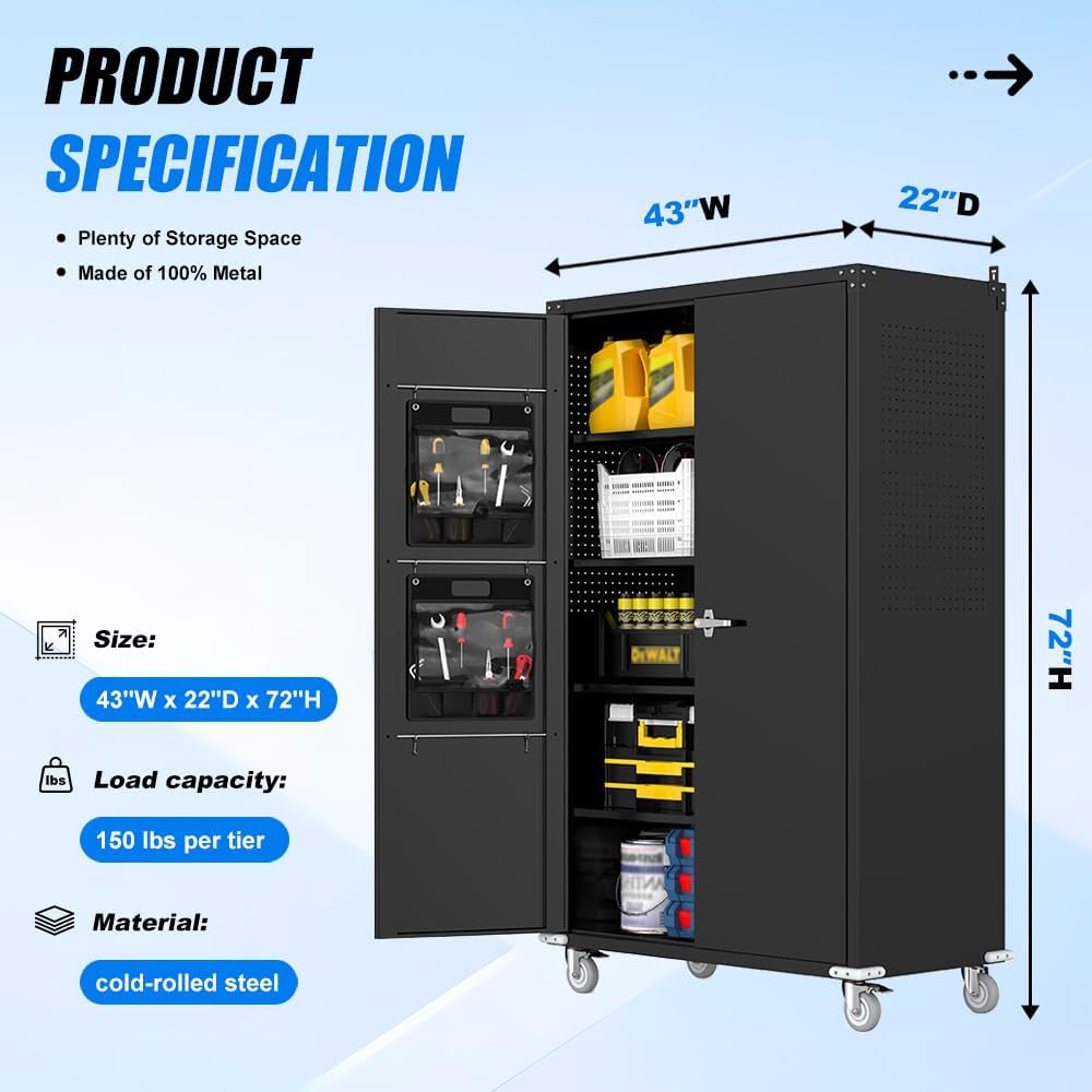Black Metal Garage Storage Cabinet Pegboard Lockable-2