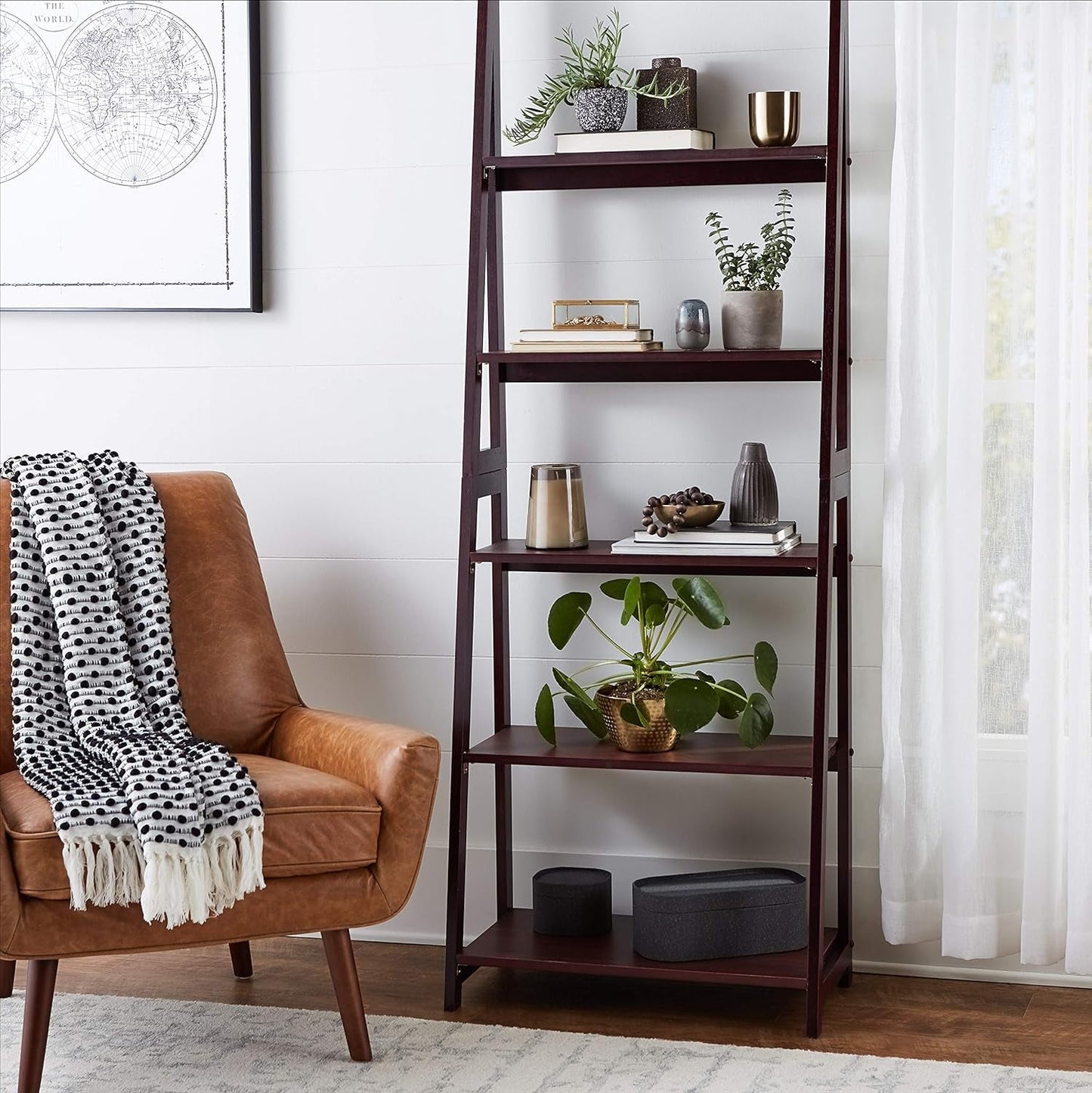 Walnut 5 Tier Ladder Bookshelf Rubberwood Durability-1