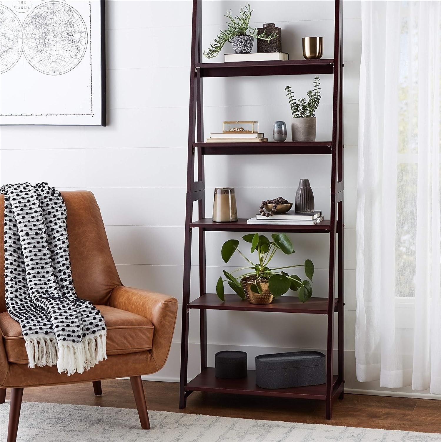 Walnut 5 Tier Ladder Bookshelf Rubberwood Durability-1