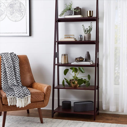 Walnut 5 Tier Ladder Bookshelf Rubberwood Durability-1