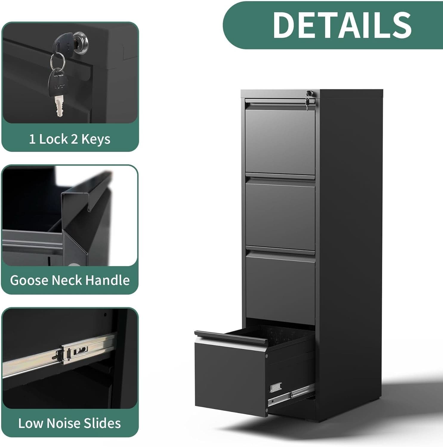4 Drawer File Cabinet With Lock Black Metal Vertical Filing Cabinet-4