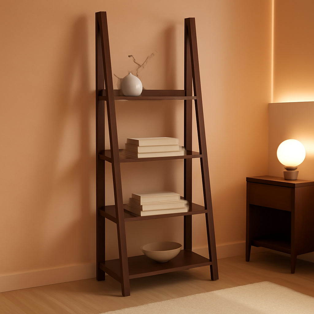 Walnut 5 Tier Ladder Bookshelf Rubberwood Durability-0