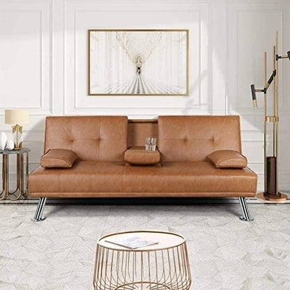 Brown Modern Faux Leather Cup Holders Convertible Sofa Bed Futon Sleeper Rosenthal Community Care Services