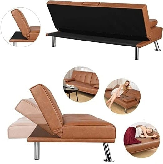 Brown Modern Faux Leather Cup Holders Convertible Sofa Bed Futon Sleeper Rosenthal Community Care Services
