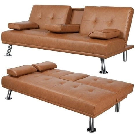Brown Modern Faux Leather Cup Holders Convertible Sofa Bed Futon Sleeper Rosenthal Community Care Services
