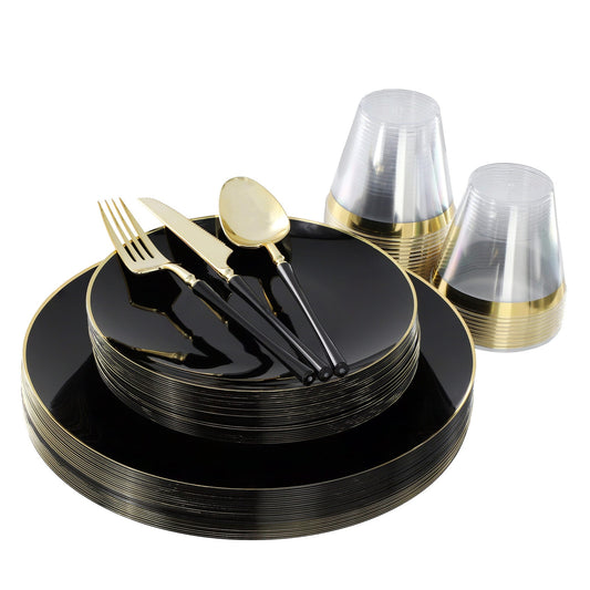 Elama 150 Piece Disposable Plastic Dinnerware Party Set for 25 Guests in Black with Gold Trim Elama
