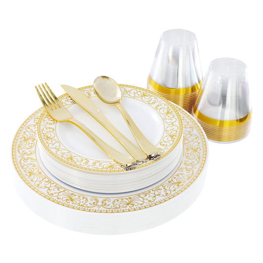 Elama 150 Piece Disposable Plastic Dinnerware Party Set for 25 Guests in White with Gold Decal Trim Elama