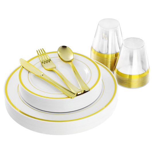 Elama 150 Piece Disposable Plastic Dinnerware Party Set for 25 Guests in White with Gold Trim Elama