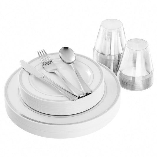 Elama 150 Piece Disposable Plastic Dinnerware Party Set for 25 Guests in White with Silver Trim Elama