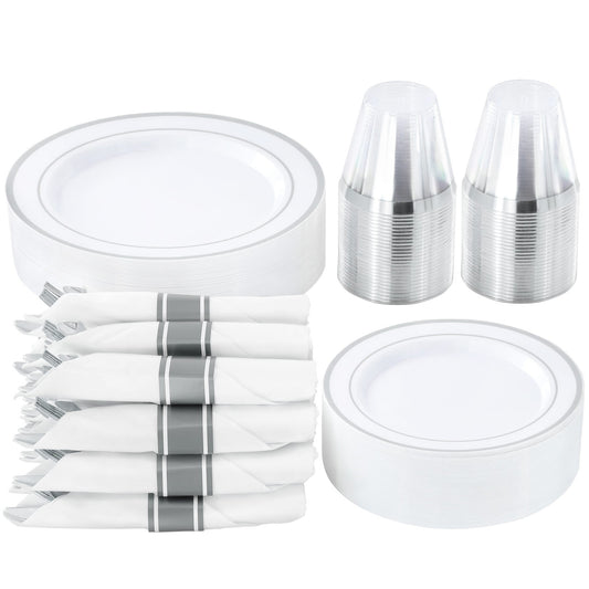 Elama 350 Piece Disposable Plastic Dinnerware Party Set for 50 Guests in White with Silver Trim Elama