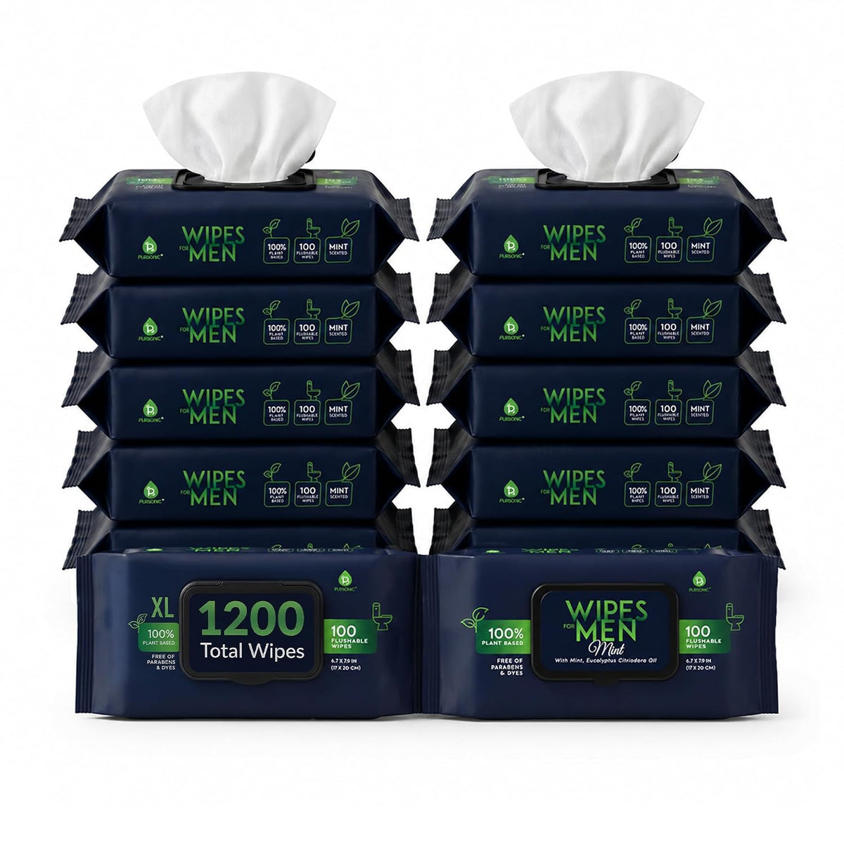 12 Pack of Flushable Man Wipes (1200 Mint Scented Wipes) Pursonic