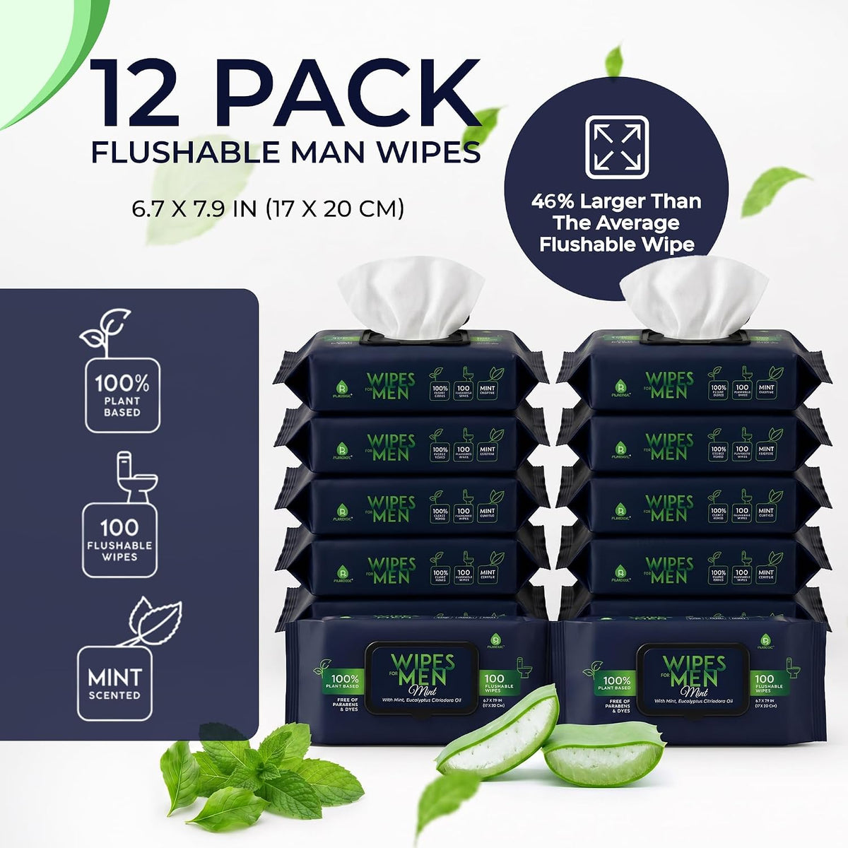 12 Pack of Flushable Man Wipes (1200 Mint Scented Wipes) Pursonic