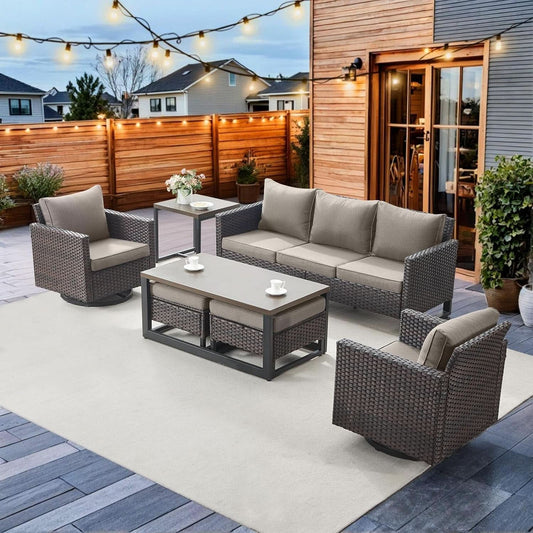 Seven Piece Outdoor Wicker Patio Furniture Set With Swivel Rockers ShipItFurniture