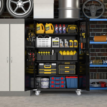 Black Metal Garage Storage Cabinet Pegboard Lockable-1