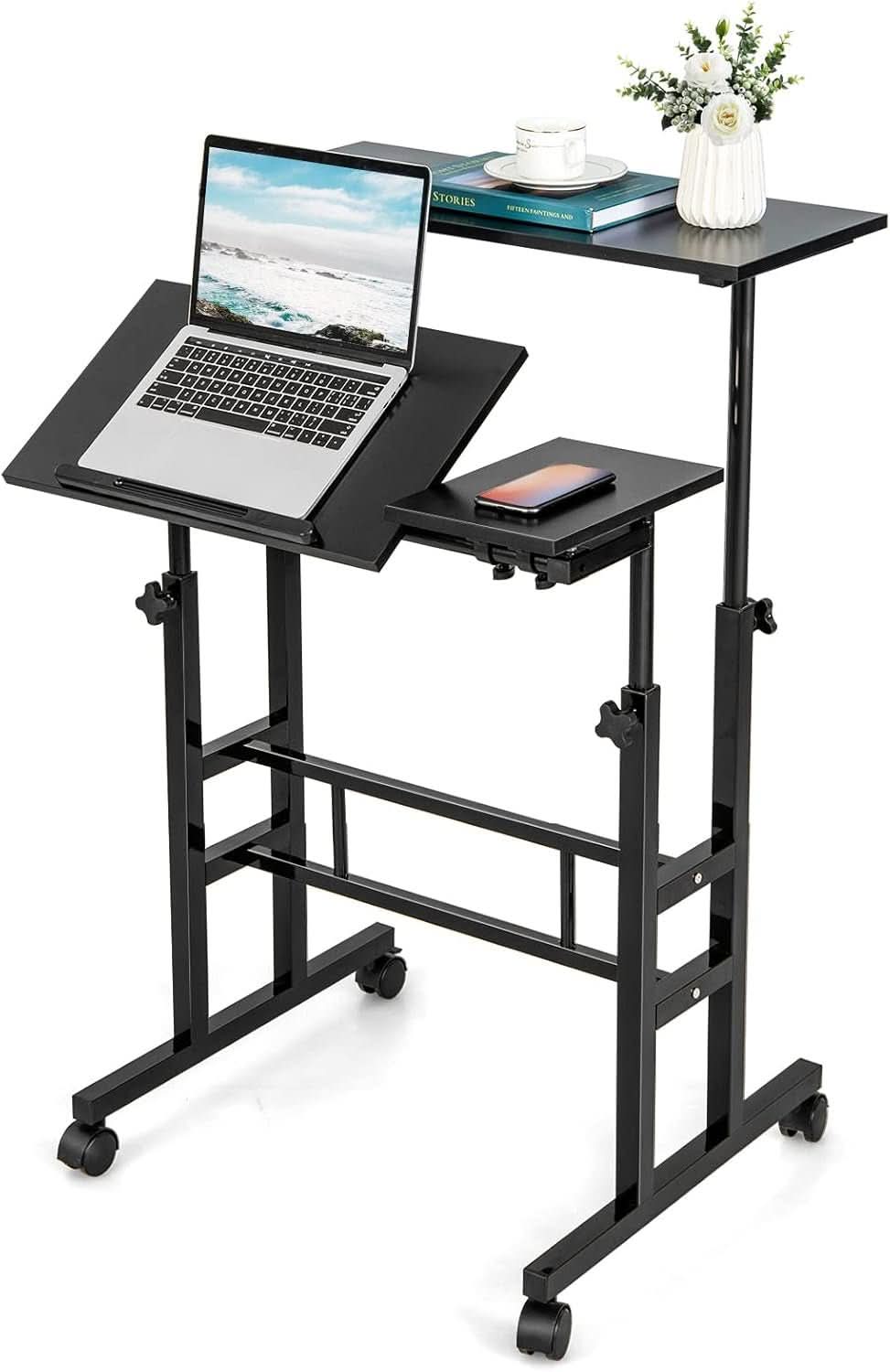 Height Adjustable Mobile Desk with Tilting Top and Wheels-0