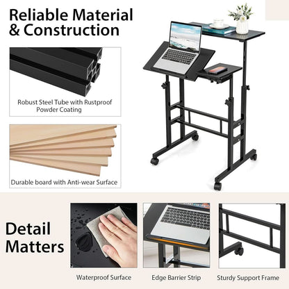 Height Adjustable Mobile Desk with Tilting Top and Wheels-4