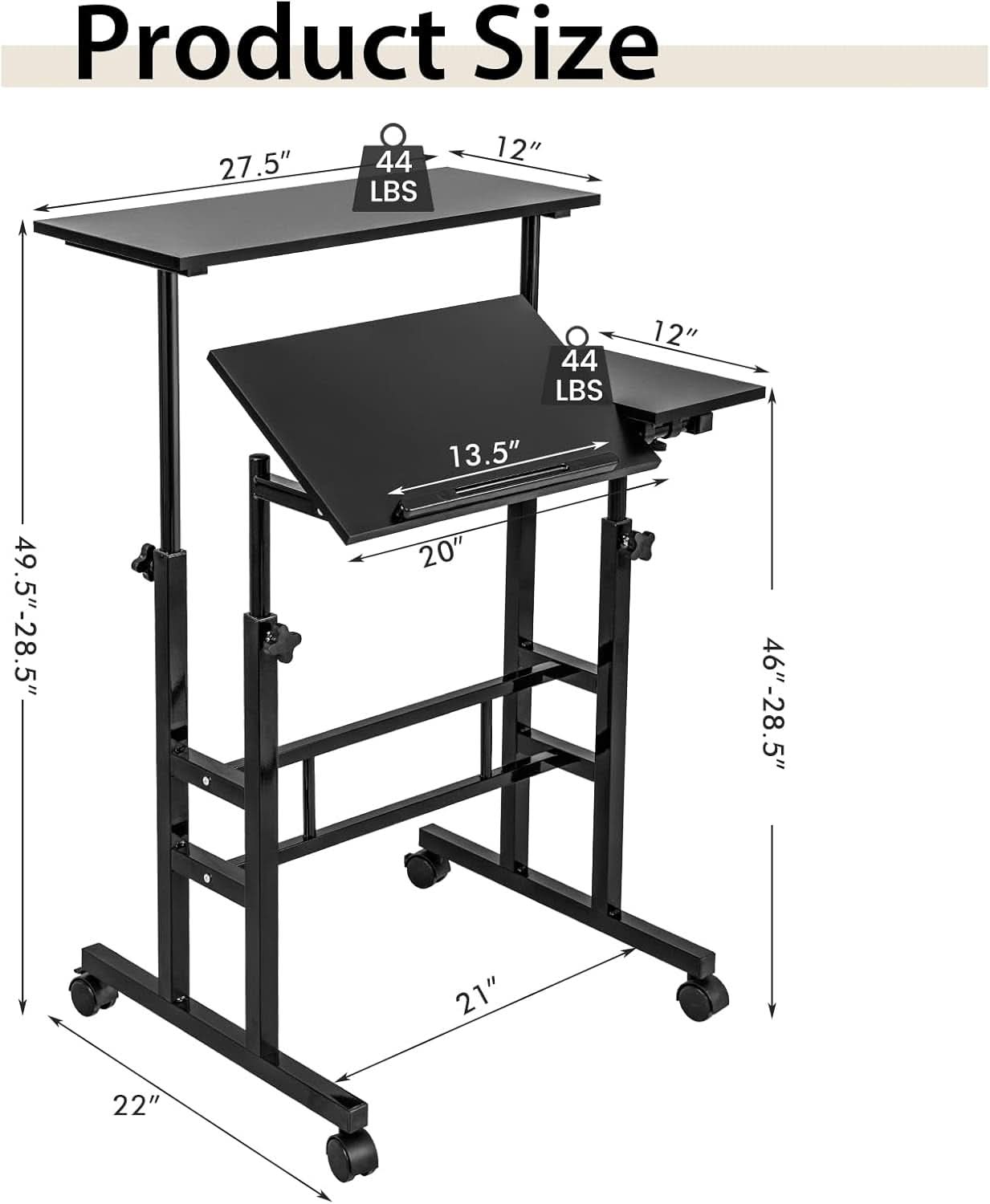 Height Adjustable Mobile Desk with Tilting Top and Wheels-2